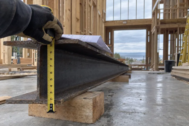 The steel beam delivered for the great room, on wood blocks on the slab, with a framer's tape measure against it reading about 10 inches deep.